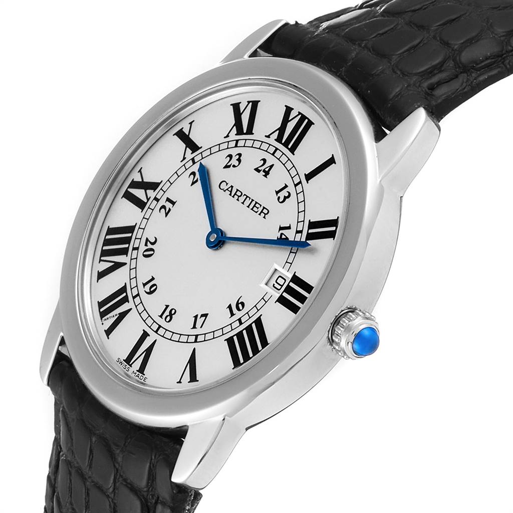 The image shows a close-up of the Cartier Ronde W6700255 Stainless Steel Silver Dial W6700255 Stainless Steel Silver Dial model watch, highlighting the dial, hands, crown, and part of the strap.