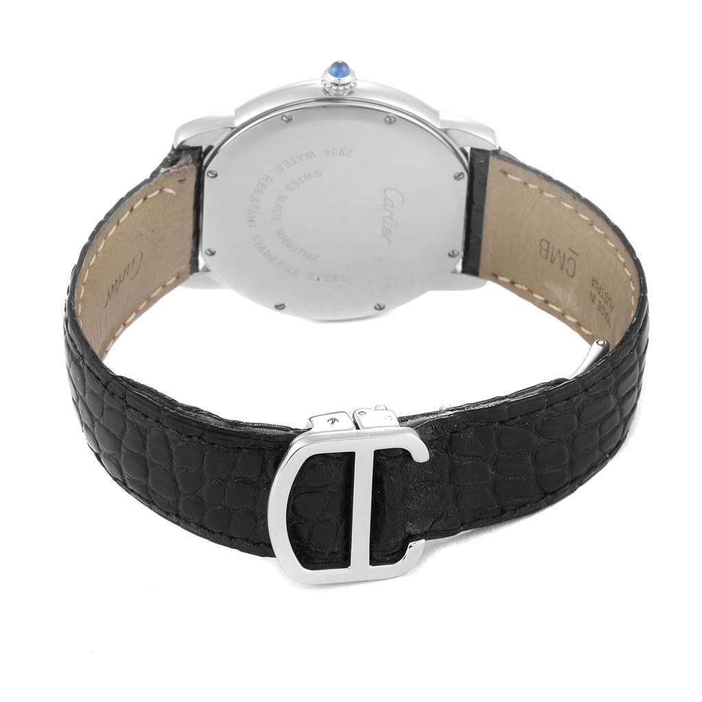 This image shows the back and strap of a Ronde model by Cartier, highlighting its clasp and case-back details.