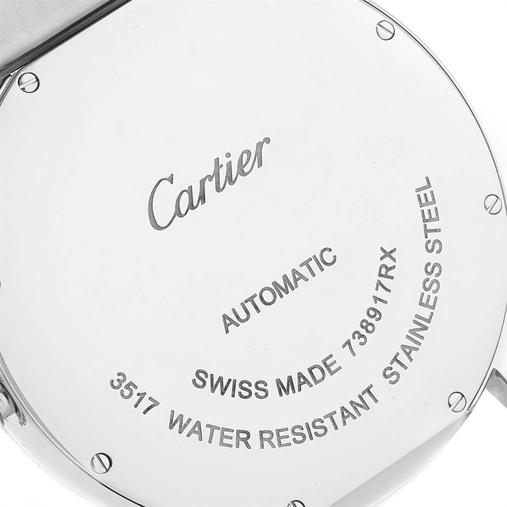 This image shows the back casing of a Cartier Ronde W6701011 Men's Stainless Steel Silver Dial W6701011 Men's Stainless Steel Silver Dial model watch, highlighting its details and inscriptions.