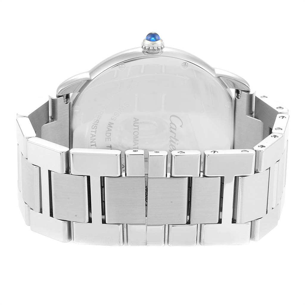 The image shows the back view of a Cartier Ronde W6701011 Men's Stainless Steel Silver Dial W6701011 Men's Stainless Steel Silver Dial model watch, highlighting its bracelet and blue cabochon crown.