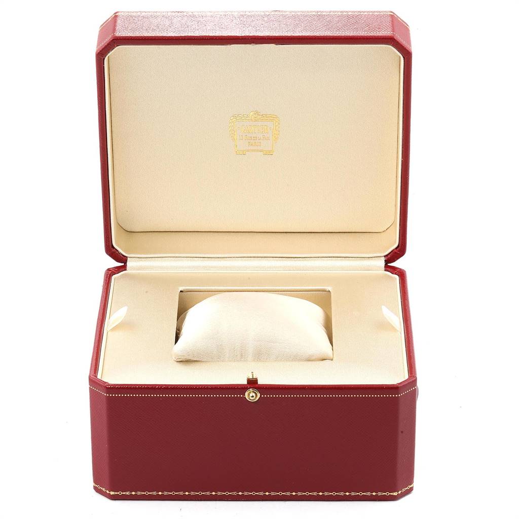 The image shows the open box for the Cartier Ronde W6701011 Men's Stainless Steel Silver Dial W6701011 Men's Stainless Steel Silver Dial model watch, highlighting the interior cushion and luxury packaging.