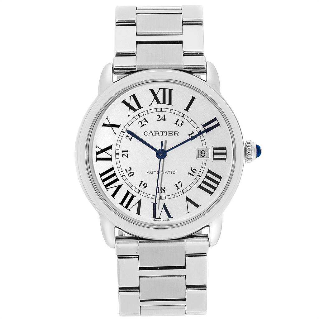 The image shows a front view of the Cartier Ronde W6701011 Men's Stainless Steel Silver Dial W6701011 Men's Stainless Steel Silver Dial model watch, displaying the face and metal bracelet.