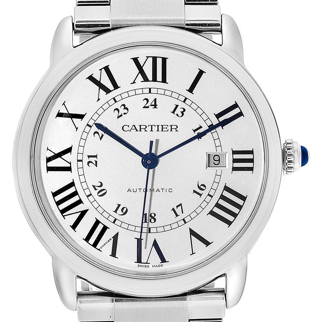 The image shows a front view of the Cartier Ronde W6701011 Men's Stainless Steel Silver Dial W6701011 Men's Stainless Steel Silver Dial watch, displaying the dial, roman numerals, and part of the bracelet.