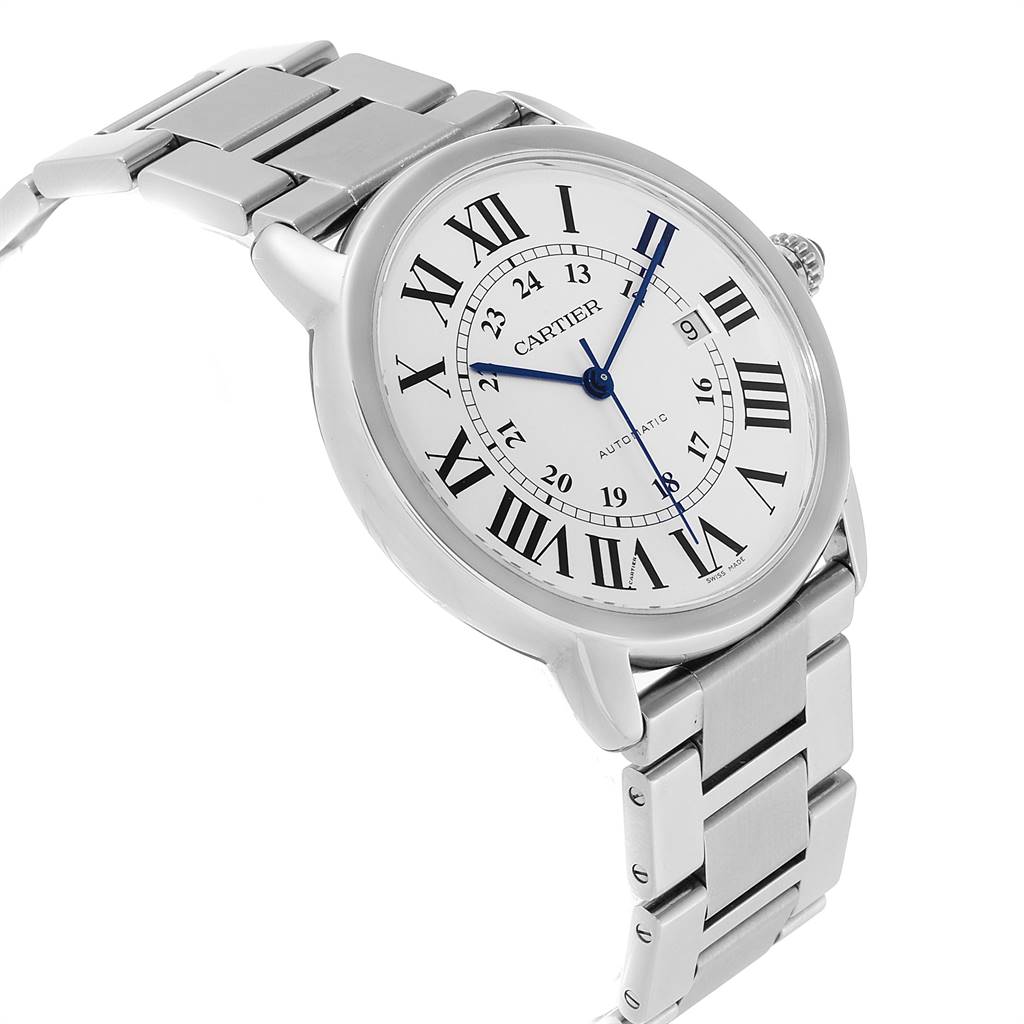 The image shows a side angle view of the Cartier Ronde W6701011 Men's Stainless Steel Silver Dial W6701011 Men's Stainless Steel Silver Dial watch, highlighting the face, bezel, and metal bracelet.