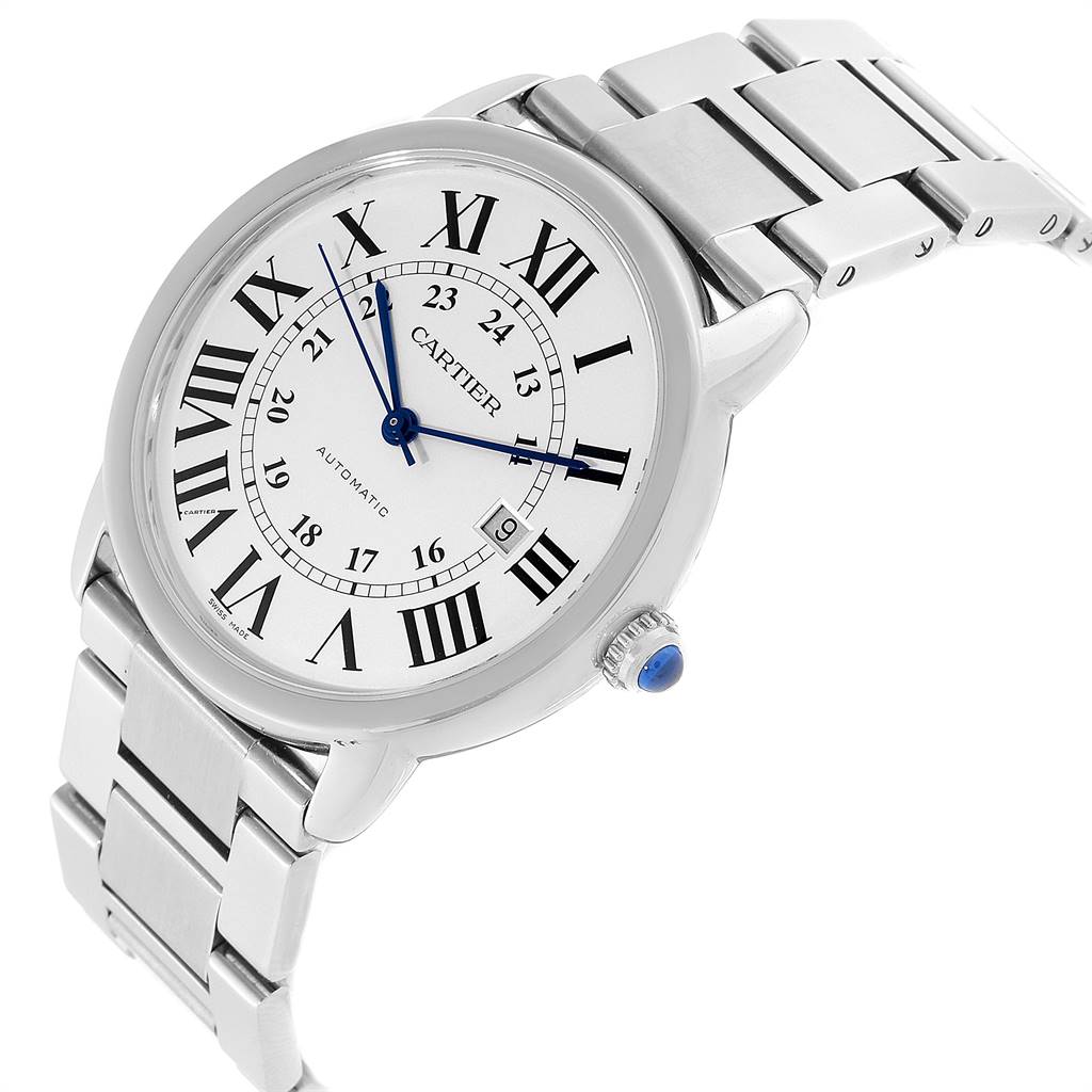The image shows a Cartier Ronde W6701011 Men's Stainless Steel Silver Dial W6701011 Men's Stainless Steel Silver Dial watch at an oblique angle, highlighting its face, bezel, crown, and metal bracelet.