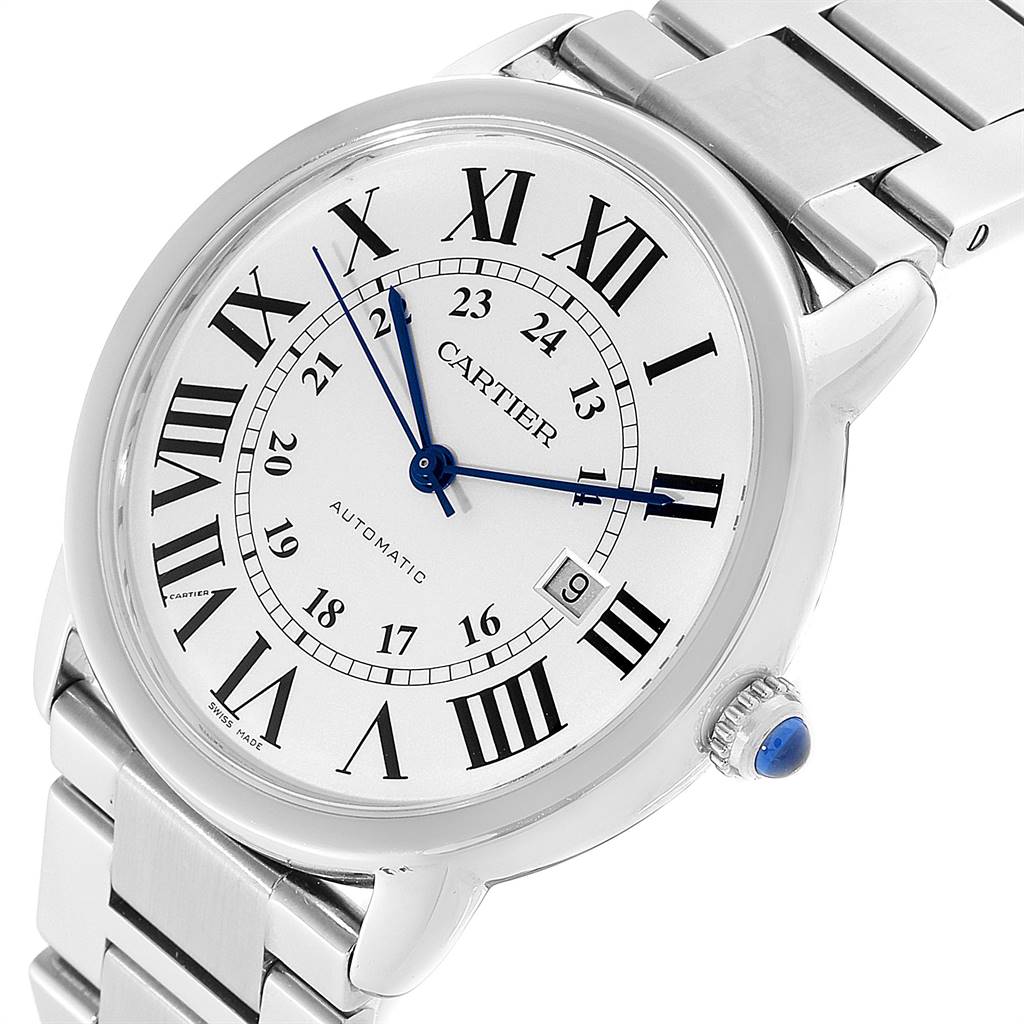 The image shows a close-up angled view of the Cartier Ronde W6701011 Men's Stainless Steel Silver Dial W6701011 Men's Stainless Steel Silver Dial watch, featuring its dial, hands, crown, and part of the bracelet.