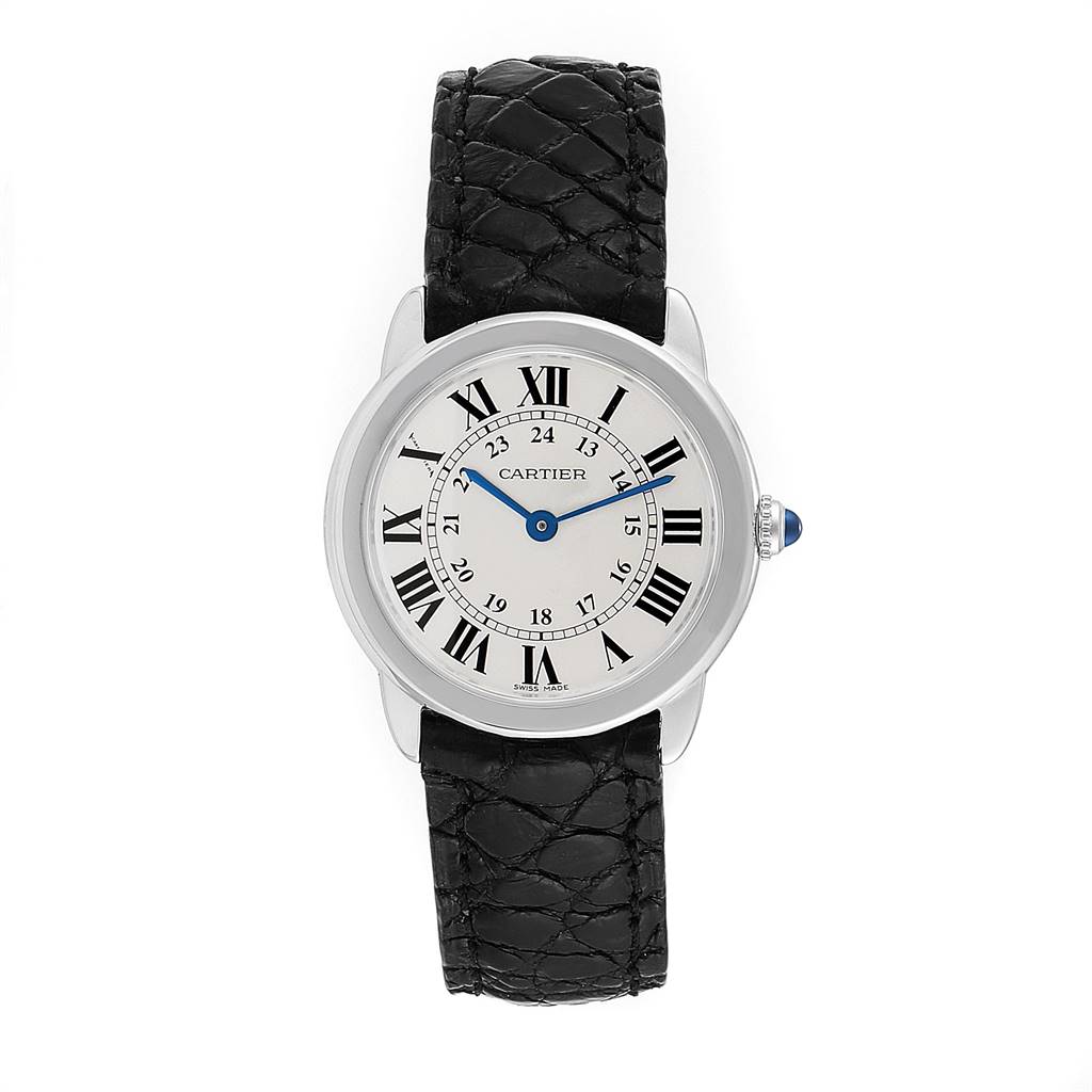 The image shows a front view of the Cartier Ronde W6700155 Women's Stainless Steel Silver Dial W6700155 Women's Stainless Steel Silver Dial watch, featuring its black leather strap, silver casing, and Roman numeral dial.