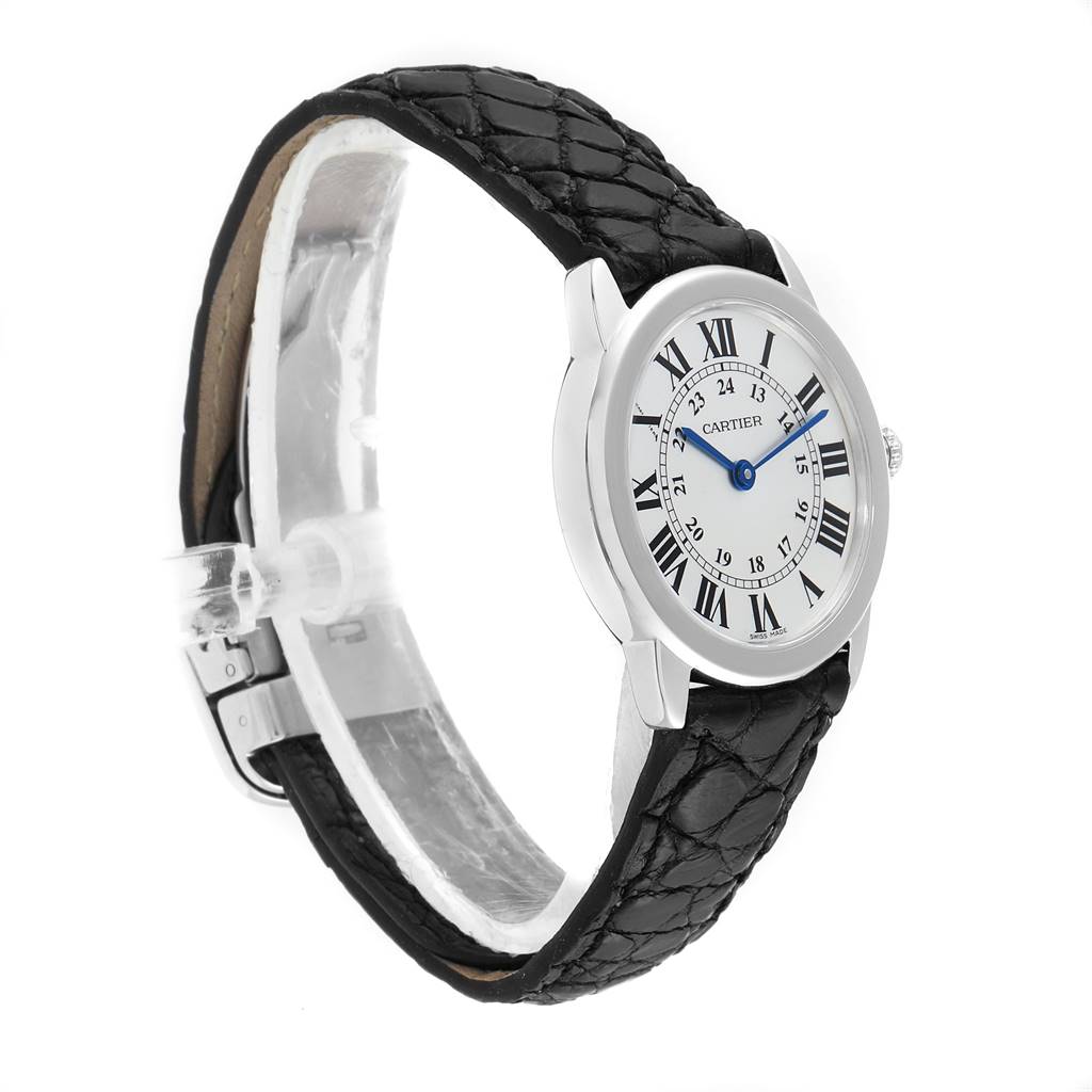 The Cartier Ronde W6700155 Women's Stainless Steel Silver Dial W6700155 Women's Stainless Steel Silver Dial model watch is shown at a slight angle, displaying its face, bezel, and leather strap.