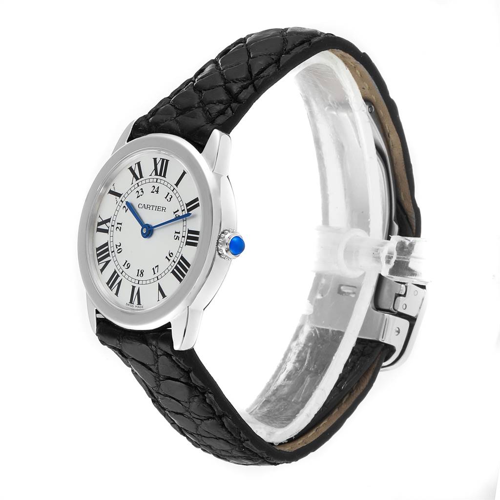 The Cartier Ronde W6700155 Women's Stainless Steel Silver Dial W6700155 Women's Stainless Steel Silver Dial watch is shown at a side angle, highlighting the dial, crown, and black leather strap.