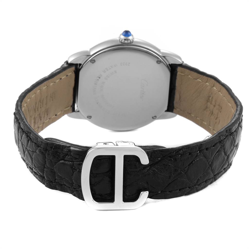 This image shows the back of the Cartier Ronde W6700155 Women's Stainless Steel Silver Dial W6700155 Women's Stainless Steel Silver Dial watch and its black leather strap with a clasp.