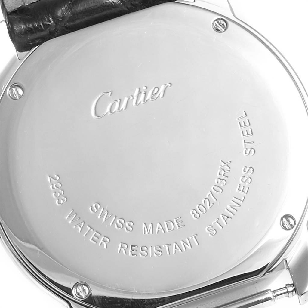 The image shows the back case of the Cartier Ronde W6700155 Women's Stainless Steel Silver Dial W6700155 Women's Stainless Steel Silver Dial watch, highlighting its stainless steel composition and inscriptions.