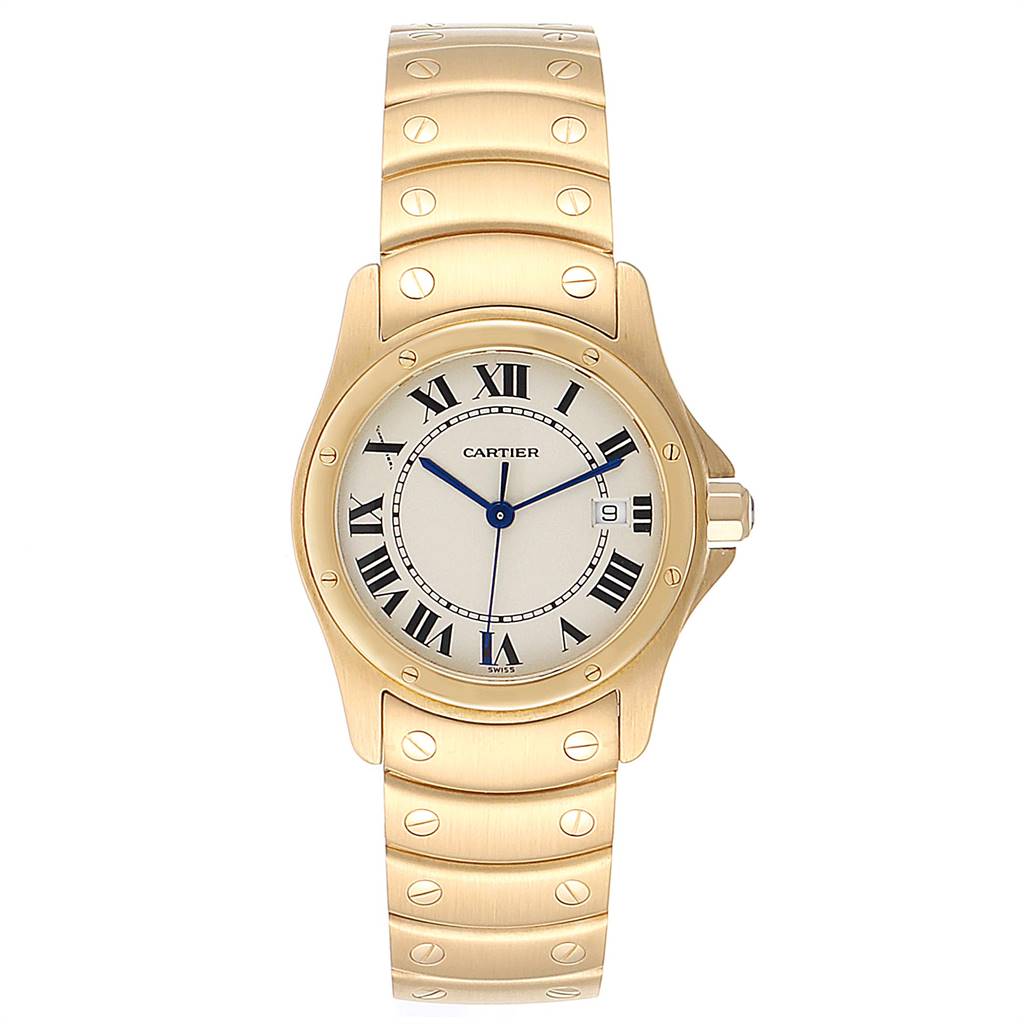 The image shows a front view of a gold Cartier Santos W20028G1 Women
s Steel and Gold (two tone) Silver Dial W20028G1 Women
s Steel and Gold (two tone) Silver Dial watch, highlighting the face, bezel, and part of the bracelet.