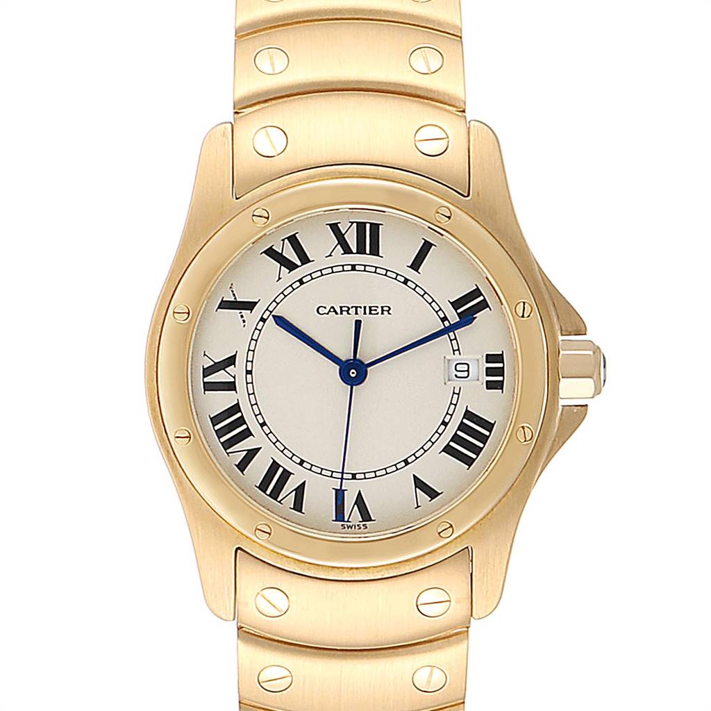 The image shows a top-down view of a Cartier Santos W20028G1 Women
s Steel and Gold (two tone) Silver Dial W20028G1 Women
s Steel and Gold (two tone) Silver Dial watch, highlighting the face, bezel, and part of the bracelet.