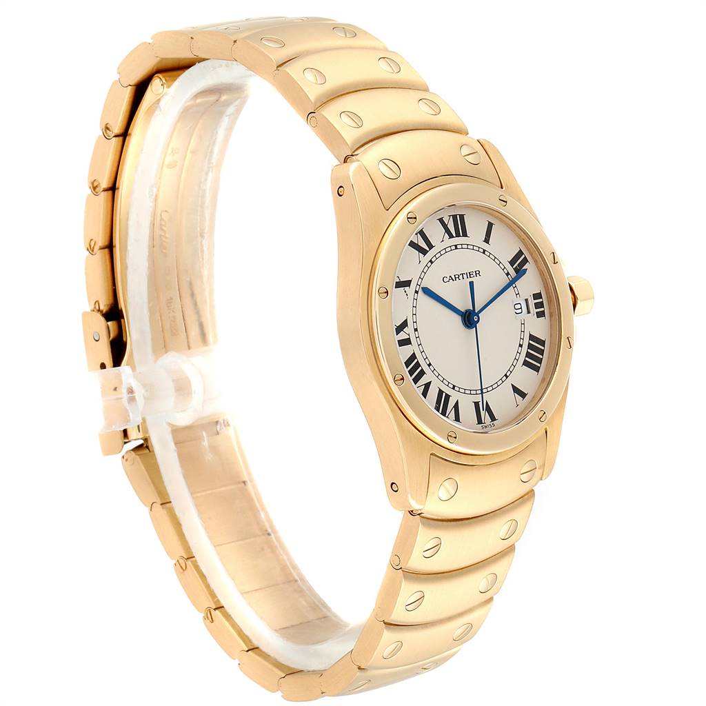 The image shows a side angle view of the Cartier Santos W20028G1 Women
s Steel and Gold (two tone) Silver Dial W20028G1 Women
s Steel and Gold (two tone) Silver Dial model watch, highlighting its gold-toned case and bracelet, as well as its face with Roman numerals.
