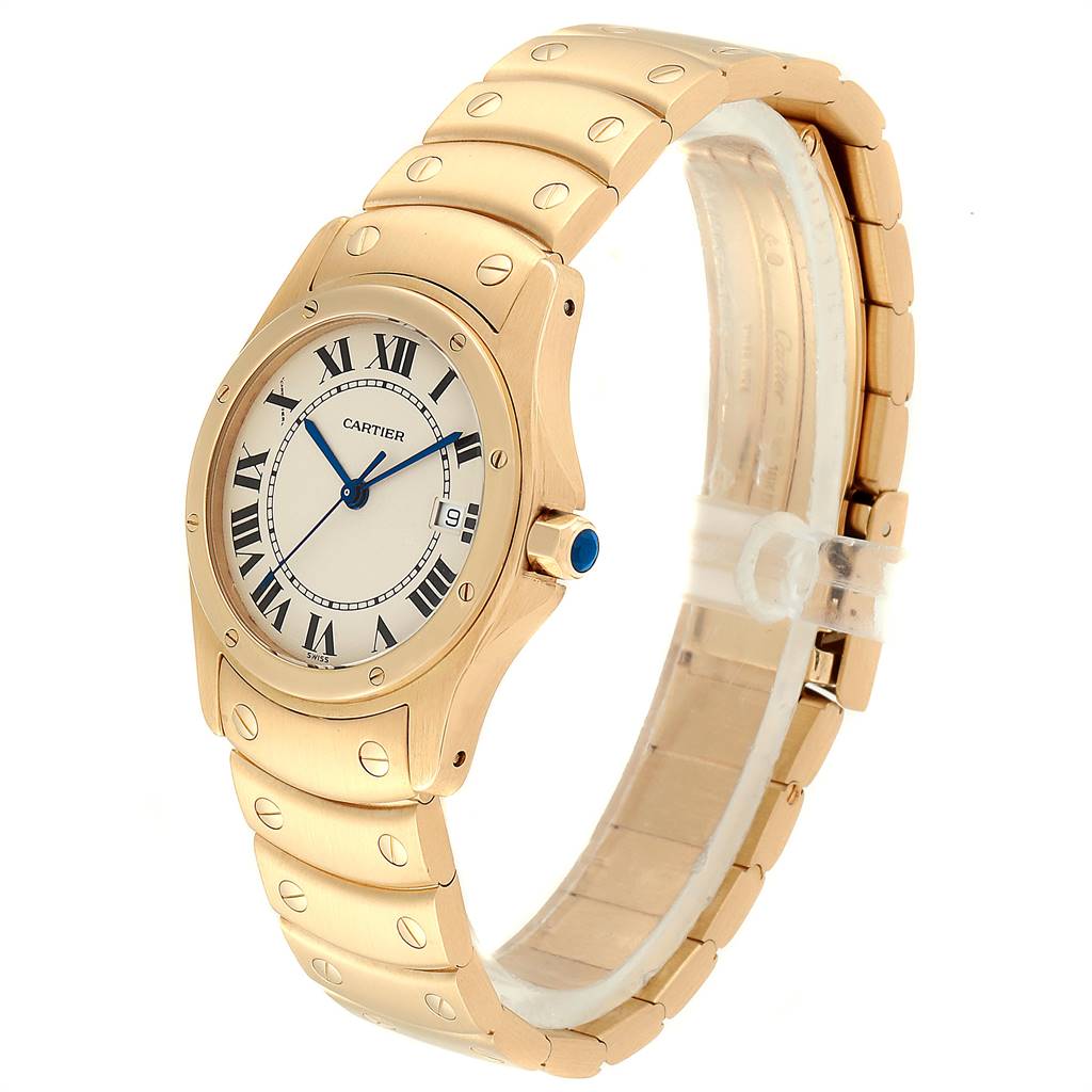 The Cartier Santos W20028G1 Women
s Steel and Gold (two tone) Silver Dial W20028G1 Women
s Steel and Gold (two tone) Silver Dial watch is shown at an angle displaying the face, band, and side crown.