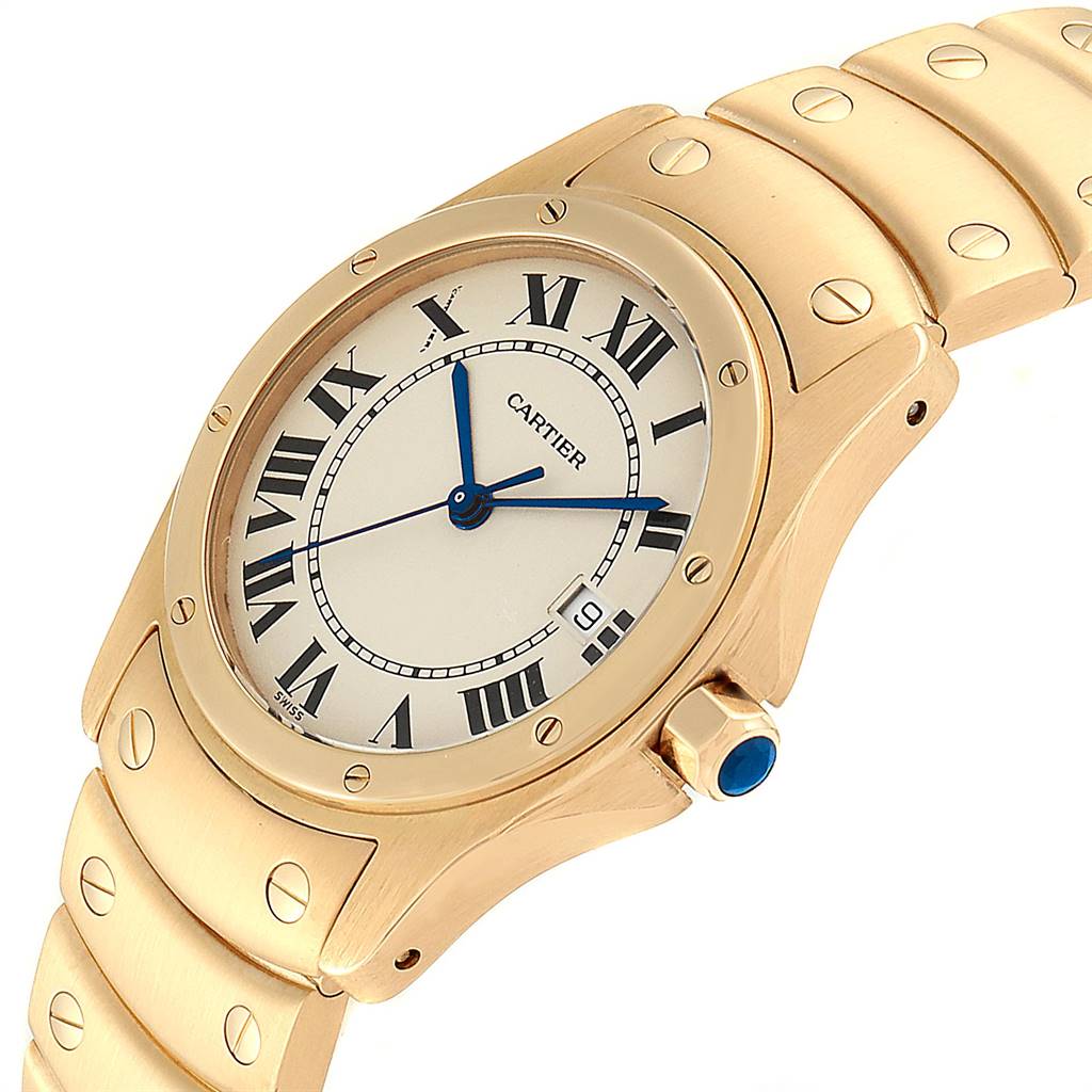 The image shows a Cartier Santos W20028G1 Women
s Steel and Gold (two tone) Silver Dial W20028G1 Women
s Steel and Gold (two tone) Silver Dial watch from a side angle, highlighting the face, bezel, crown, and part of the bracelet.