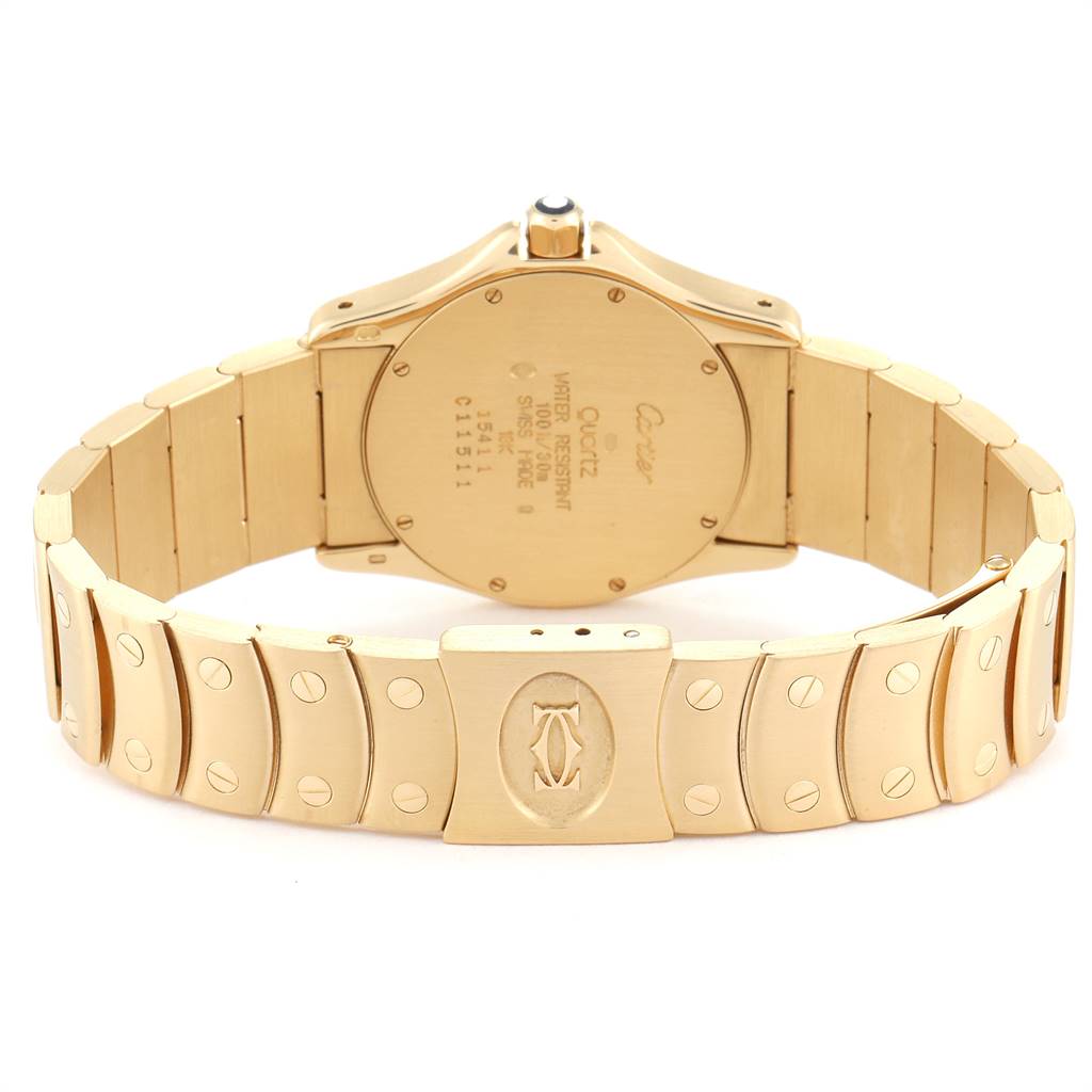 The image shows the back and bracelet of a gold Cartier Santos W20028G1 Women
s Steel and Gold (two tone) Silver Dial W20028G1 Women
s Steel and Gold (two tone) Silver Dial watch, highlighting the clasp and case back details.