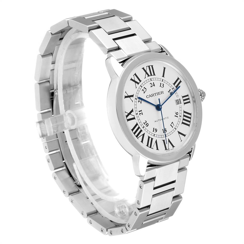 The Cartier Ronde W6701011 Men's Stainless Steel Silver Dial W6701011 Men's Stainless Steel Silver Dial model watch is shown from a front-side angle, displaying its face and metal bracelet.