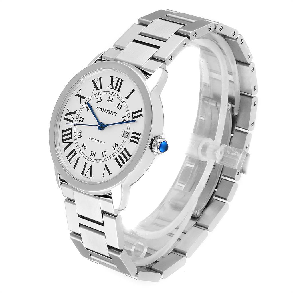 The Cartier Ronde W6701011 Men's Stainless Steel Silver Dial W6701011 Men's Stainless Steel Silver Dial watch is shown at a 3/4 angle, displaying its face, bezel, and bracelet.
