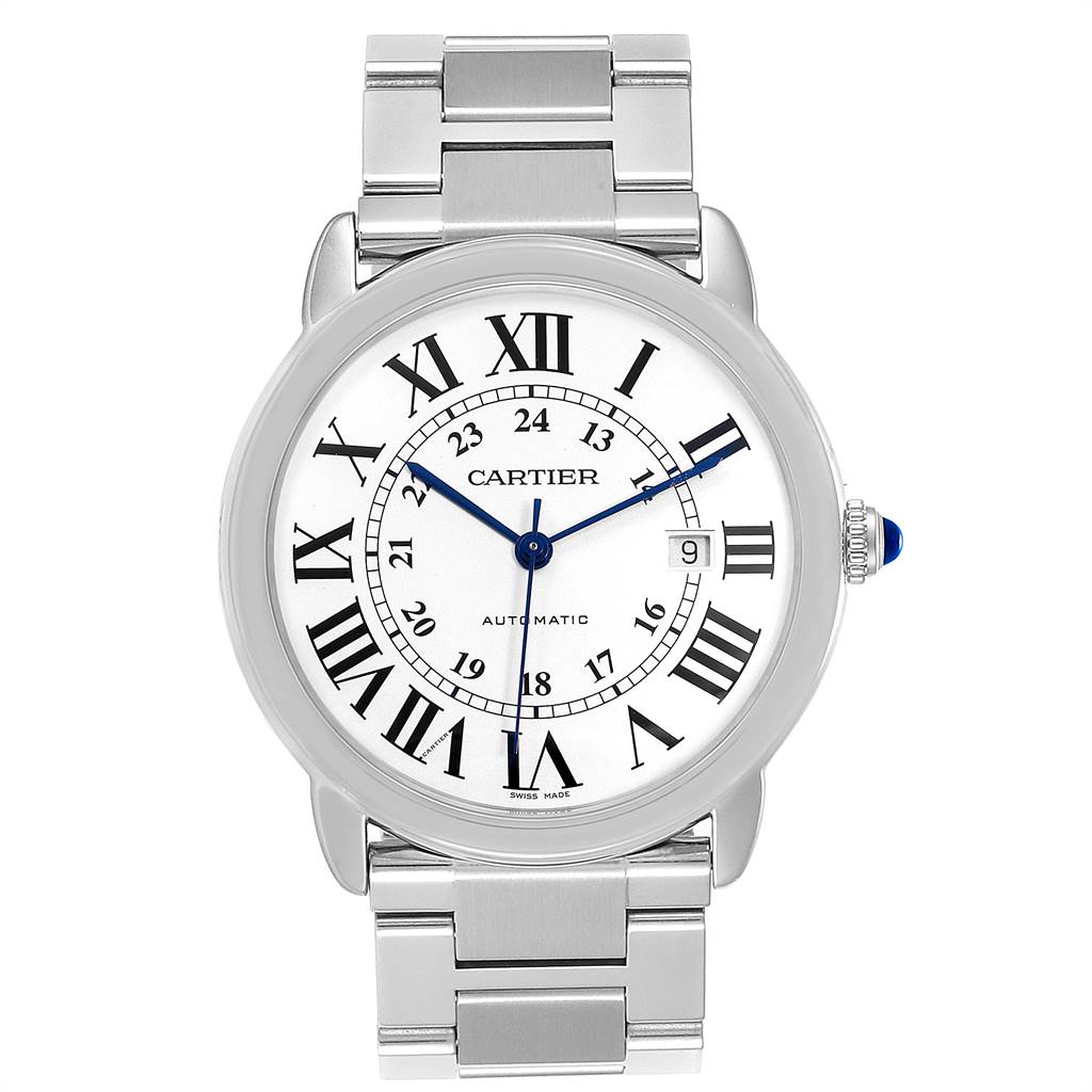 This image shows a front view of the Cartier Ronde W6701011 Men
s Stainless Steel Silver Dial W6701011 Men
s Stainless Steel Silver Dial model watch, highlighting the dial, Roman numerals, and metal bracelet.
