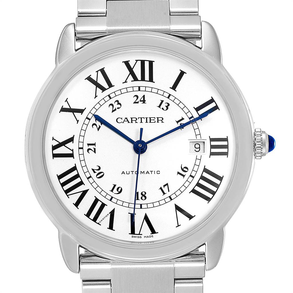 The image shows a front view of the Cartier Ronde W6701011 Men
s Stainless Steel Silver Dial W6701011 Men
s Stainless Steel Silver Dial model watch, highlighting its face, Roman numerals, and blue hands.