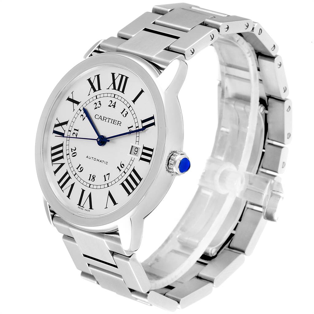 The image shows a Cartier Ronde W6701011 Men
s Stainless Steel Silver Dial W6701011 Men
s Stainless Steel Silver Dial model watch at a three-quarter angle, highlighting its face, bracelet, and crown.