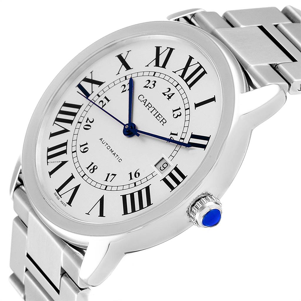 This image shows the Cartier Ronde W6701011 Men
s Stainless Steel Silver Dial W6701011 Men
s Stainless Steel Silver Dial watch from a slight angle, highlighting the face, crown, and part of the stainless steel band.