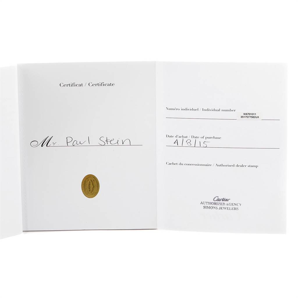 The image shows the certificate for a Cartier Ronde W6701011 Men's Stainless Steel Silver Dial W6701011 Men's Stainless Steel Silver Dial model watch, displaying ownership details and date of purchase.
