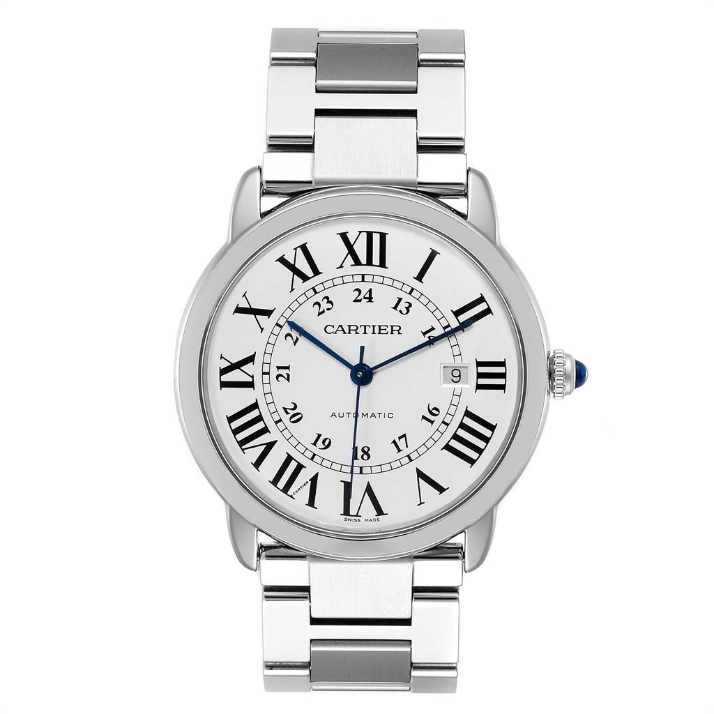 This image shows a front view of the Cartier Ronde W6701011 Men's Stainless Steel Silver Dial W6701011 Men's Stainless Steel Silver Dial model watch, highlighting its face, bezel, bracelet, and crown.
