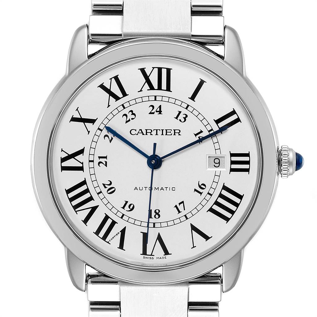 The image shows a front view of the Cartier Ronde W6701011 Men's Stainless Steel Silver Dial W6701011 Men's Stainless Steel Silver Dial model watch, highlighting its dial, Roman numerals, blue hands, and date window.