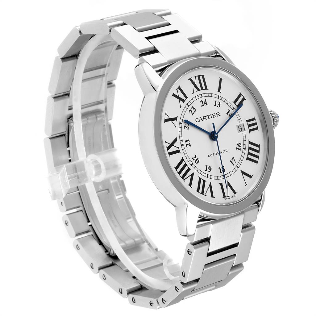 The image displays a Cartier Ronde W6701011 Men's Stainless Steel Silver Dial W6701011 Men's Stainless Steel Silver Dial model watch at a three-quarter angle, showcasing the watch face, bezel, and bracelet.