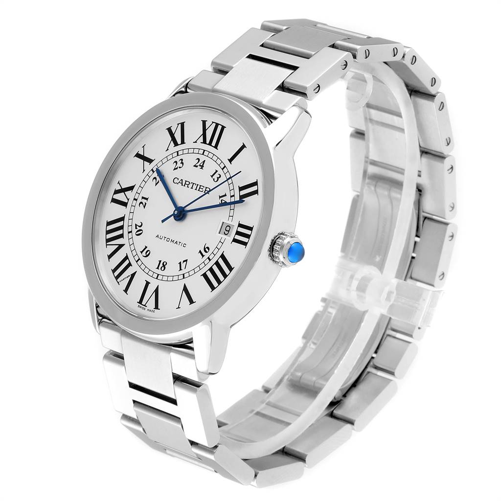 The Cartier Ronde W6701011 Men's Stainless Steel Silver Dial W6701011 Men's Stainless Steel Silver Dial watch is shown from a three-quarter angle, highlighting its face, bracelet, and crown.