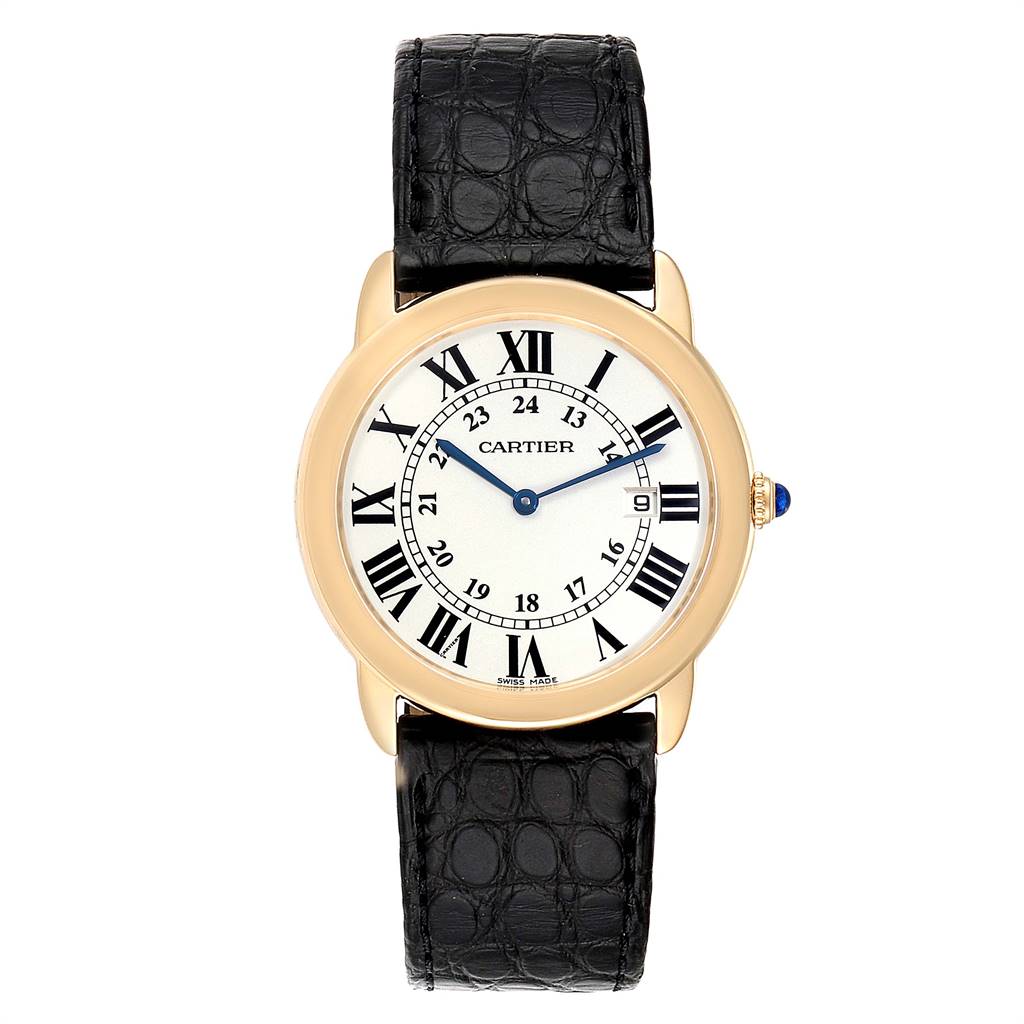 The Cartier Ronde W6700455 Men's Steel and Gold (two tone) Silver Dial W6700455 Men's Steel and Gold (two tone) Silver Dial model watch is shown from a top-down angle, displaying its face, Roman numerals, and black leather strap.