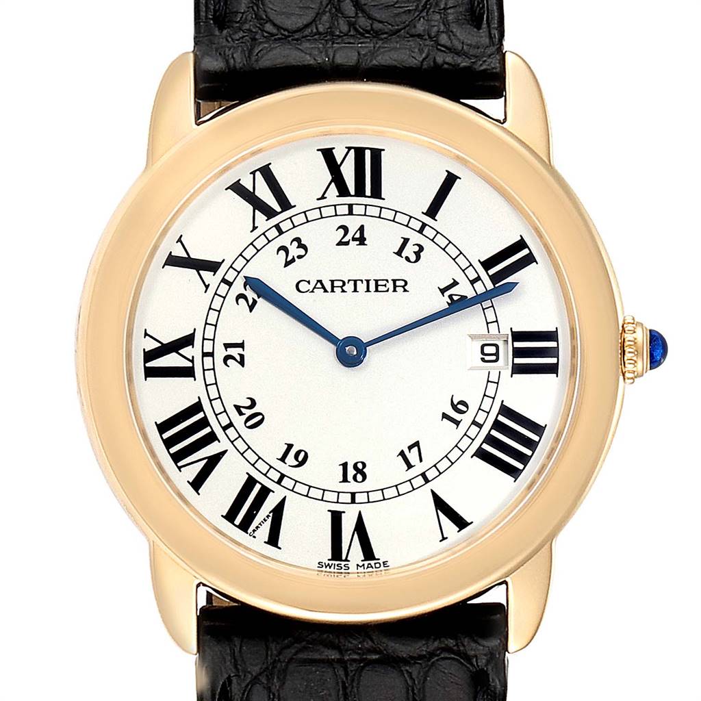 This image shows a Cartier Ronde W6700455 Men's Steel and Gold (two tone) Silver Dial W6700455 Men's Steel and Gold (two tone) Silver Dial model watch from a front angle, displaying its face, Roman numerals, and black leather strap.