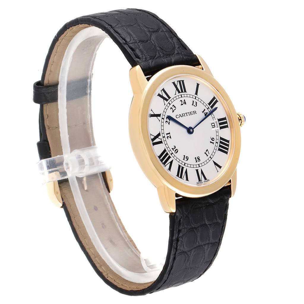 The Cartier Ronde W6700455 Men's Steel and Gold (two tone) Silver Dial W6700455 Men's Steel and Gold (two tone) Silver Dial watch is shown at a slight side angle, highlighting its face, black leather strap, and golden case bezel.
