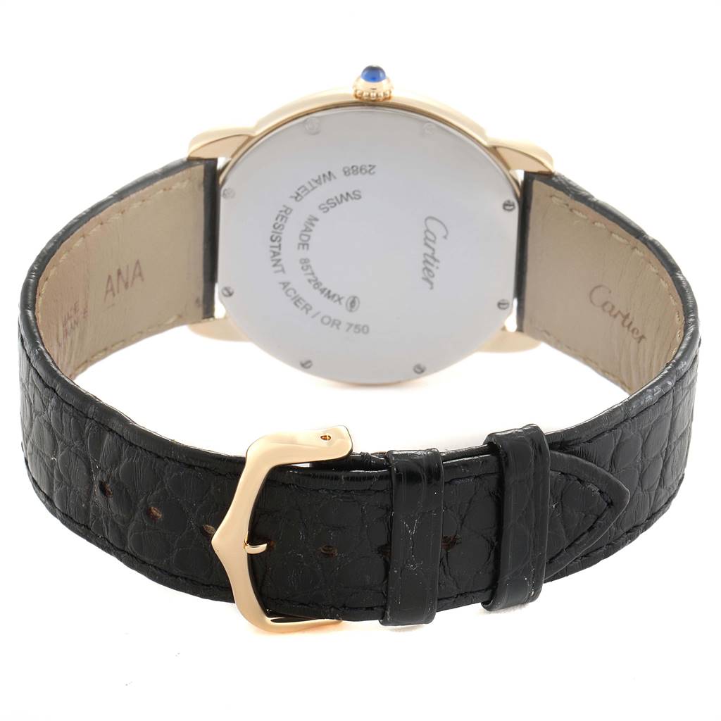 This image shows the back of a Ronde model by Cartier, highlighting the case back, strap, and clasp.