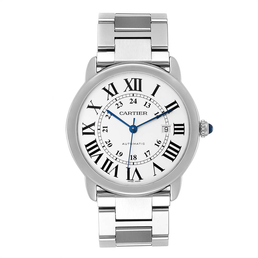 This image shows a front view of the Cartier Ronde W6701011 Men's Stainless Steel Silver Dial W6701011 Men's Stainless Steel Silver Dial model, highlighting its dial, Roman numerals, and metal bracelet.
