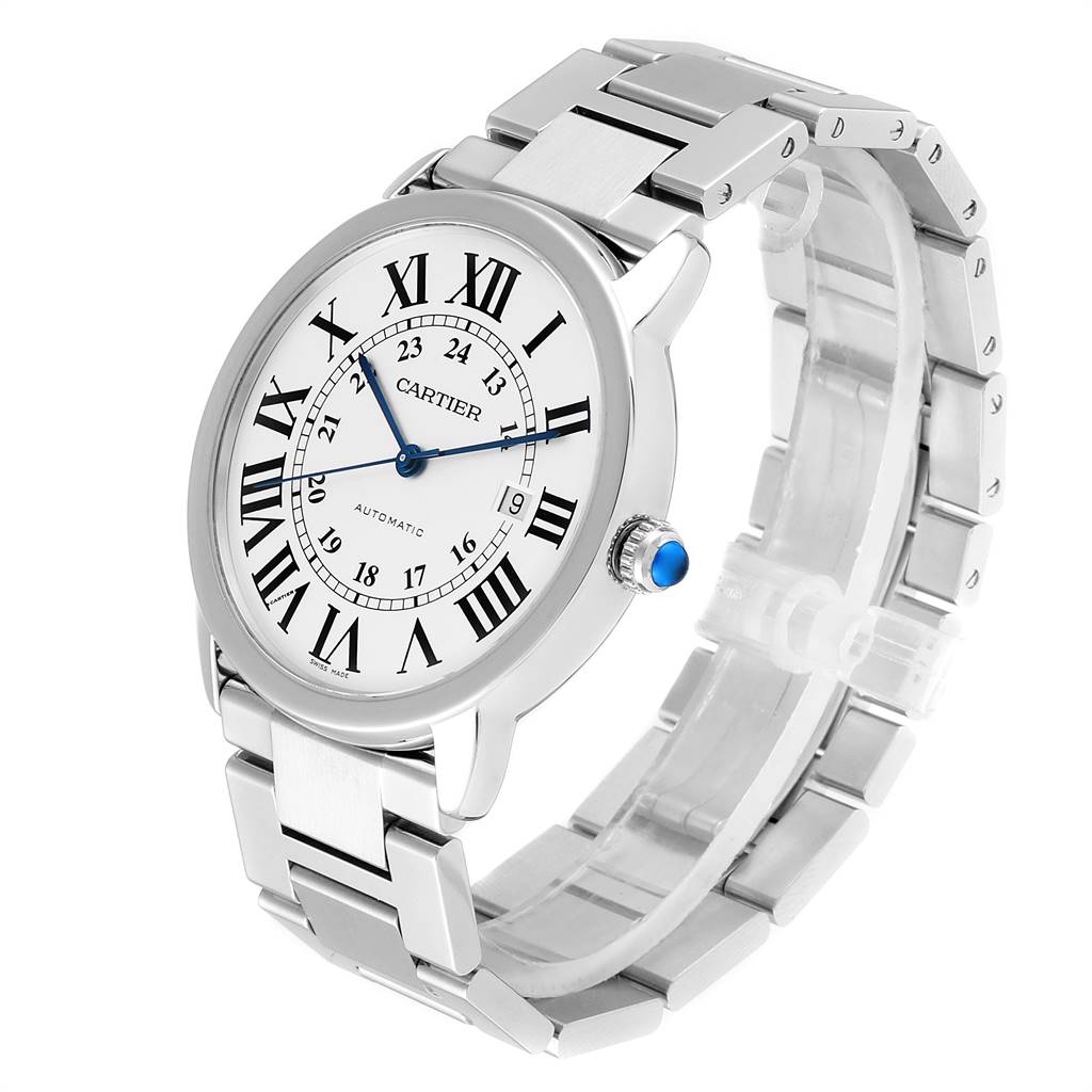 This image shows a Cartier Ronde W6701011 Men's Stainless Steel Silver Dial W6701011 Men's Stainless Steel Silver Dial watch from a front angle, highlighting its face, roman numerals, and metal bracelet.