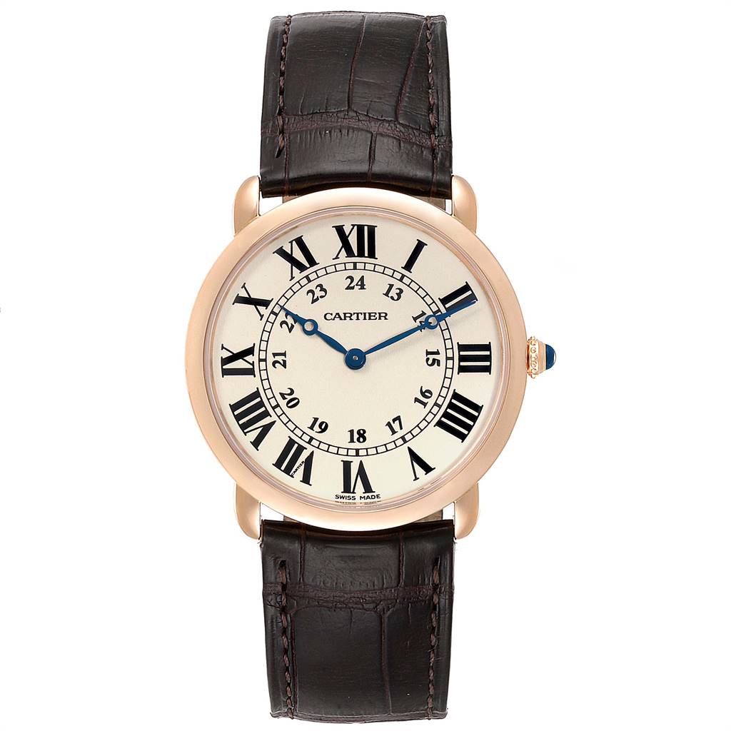 This image shows a front view of the Cartier Tank Louis W6800251 Men's Rose Gold Silver Dial W6800251 Men's Rose Gold Silver Dial watch, highlighting the dial and leather strap.