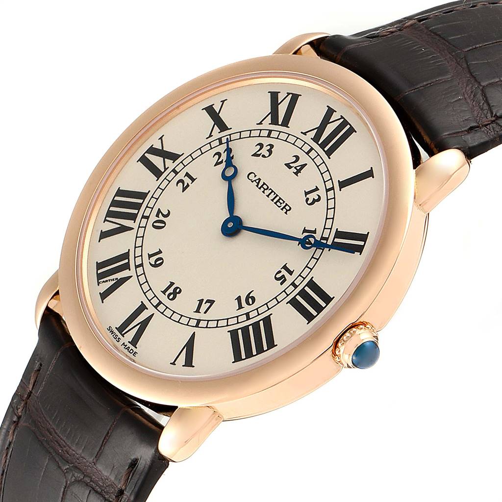 The image shows a front angle of the Cartier Tank Louis W6800251 Men's Rose Gold Silver Dial W6800251 Men's Rose Gold Silver Dial watch, highlighting its face, roman numerals, blue hands, and leather strap.