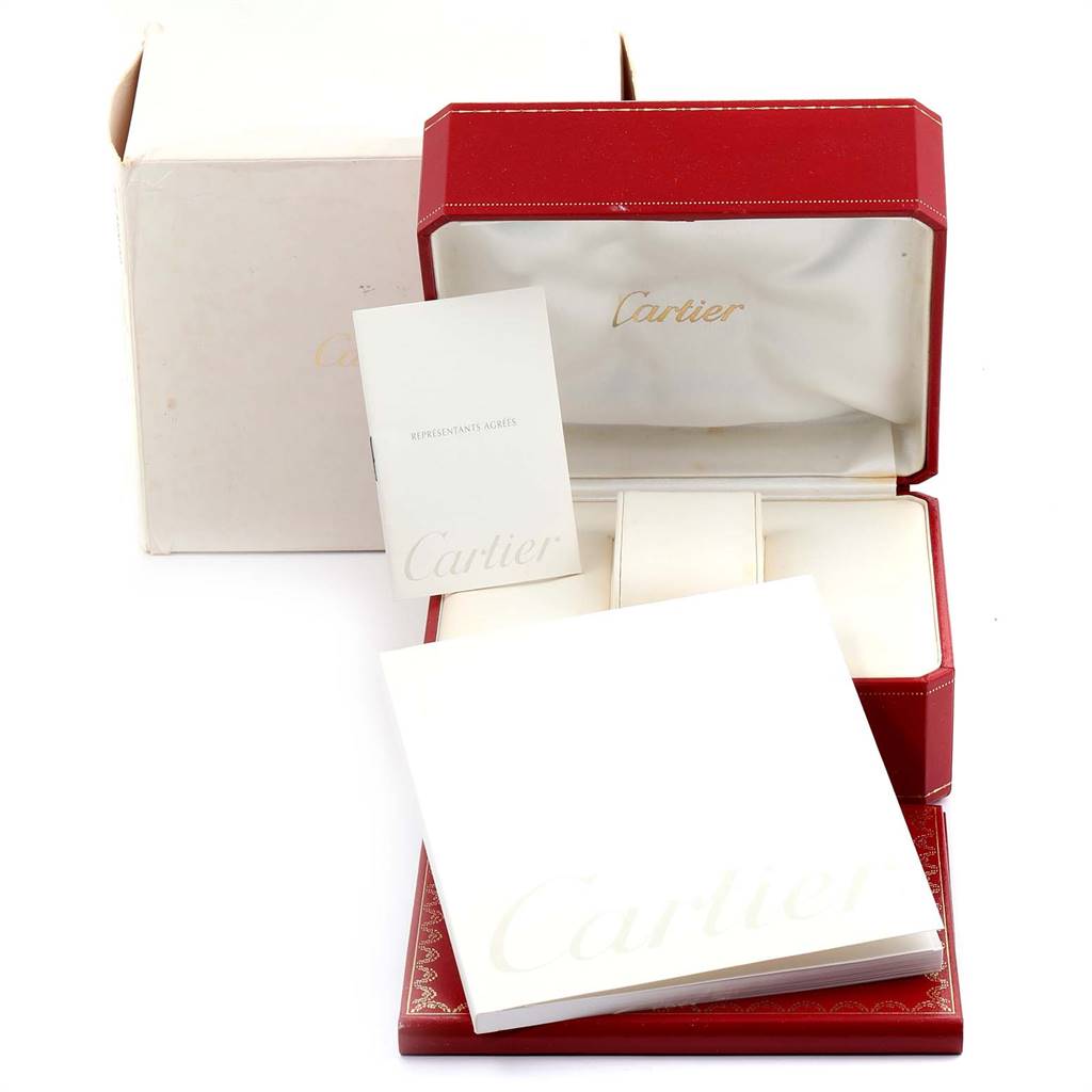 The image shows the opened box with packaging and manuals for the Cartier Tank Louis W6800251 Men's Rose Gold Silver Dial W6800251 Men's Rose Gold Silver Dial model watch.