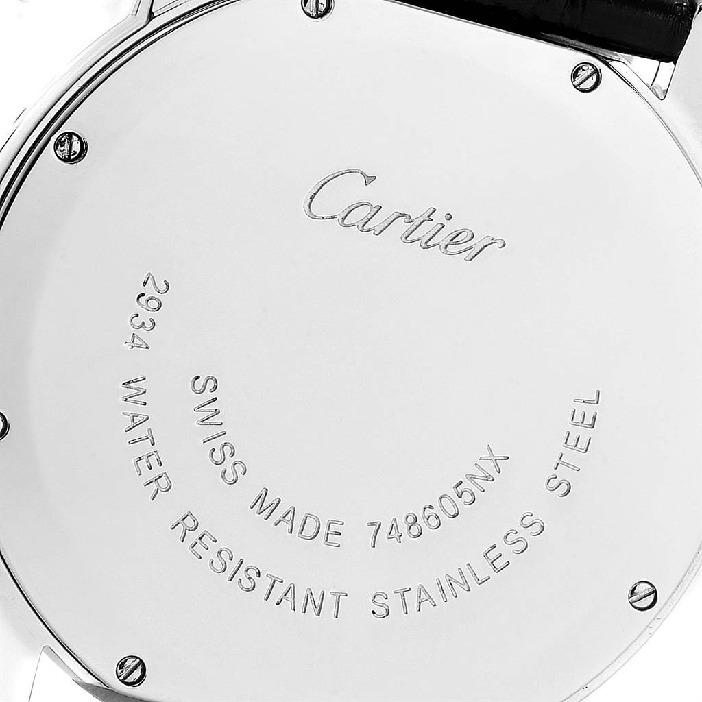 This image shows the back case of a Cartier Ronde W6700255 Men's Stainless Steel Silver Dial W6700255 Men's Stainless Steel Silver Dial model watch, displaying its engraved details.