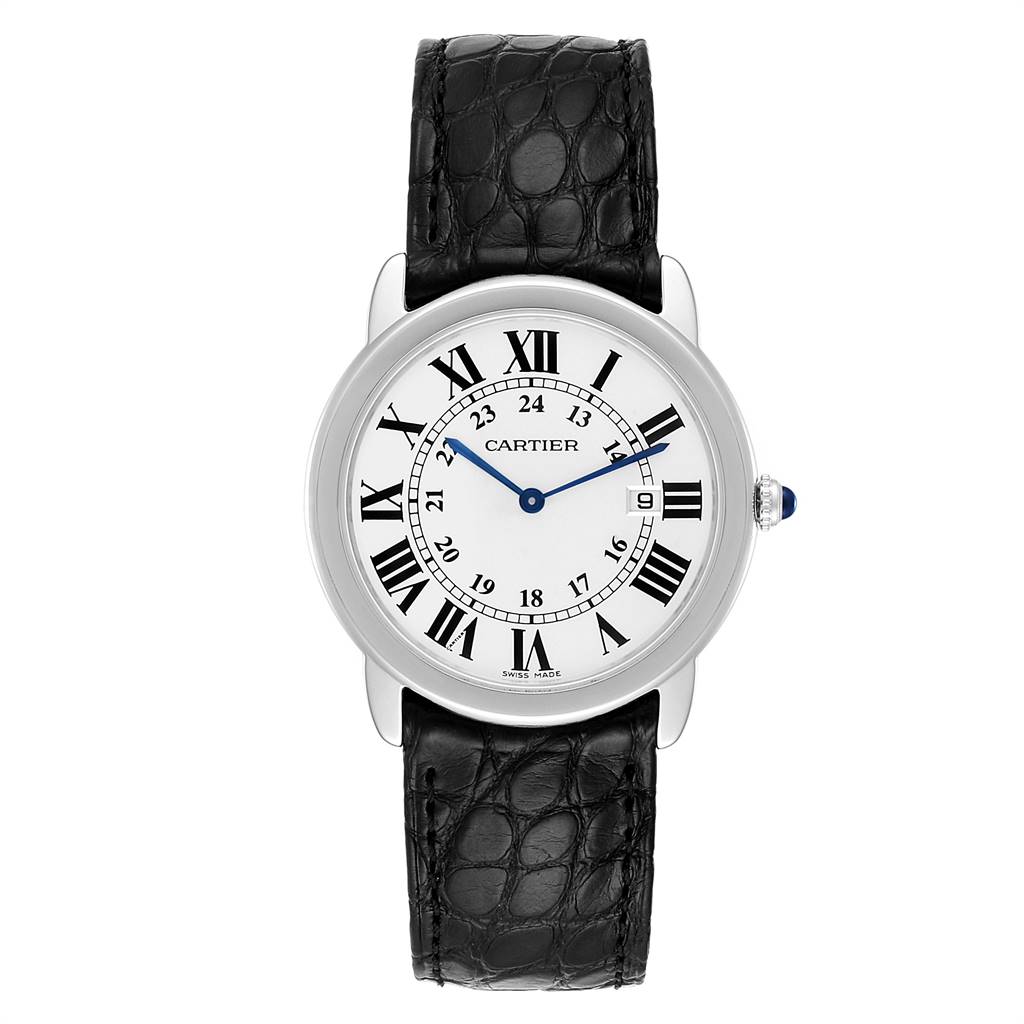 This is a front view of the Cartier Ronde W6700255 Men's Stainless Steel Silver Dial W6700255 Men's Stainless Steel Silver Dial model watch, showcasing its round face, Roman numerals, and black leather strap.