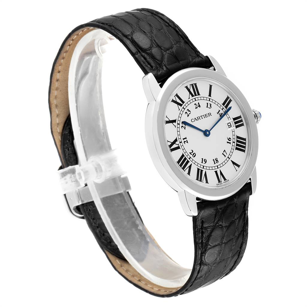 The image shows a Cartier Ronde W6700255 Men's Stainless Steel Silver Dial W6700255 Men's Stainless Steel Silver Dial watch at a three-quarter angle, highlighting its face, black leather strap, and roman numeral dial.