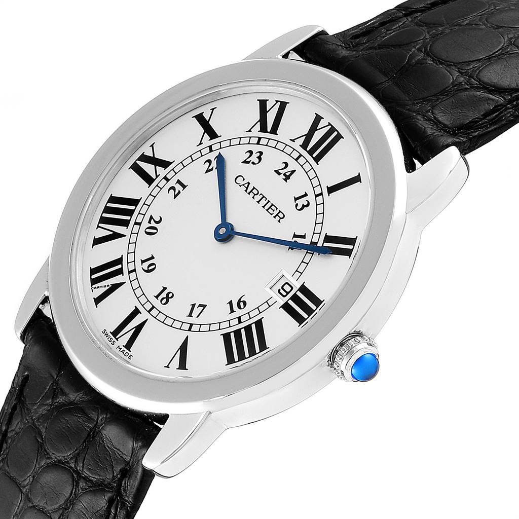 The image shows a Cartier Ronde W6700255 Men's Stainless Steel Silver Dial W6700255 Men's Stainless Steel Silver Dial watch dial and part of the black leather strap, viewed at a slight angle.