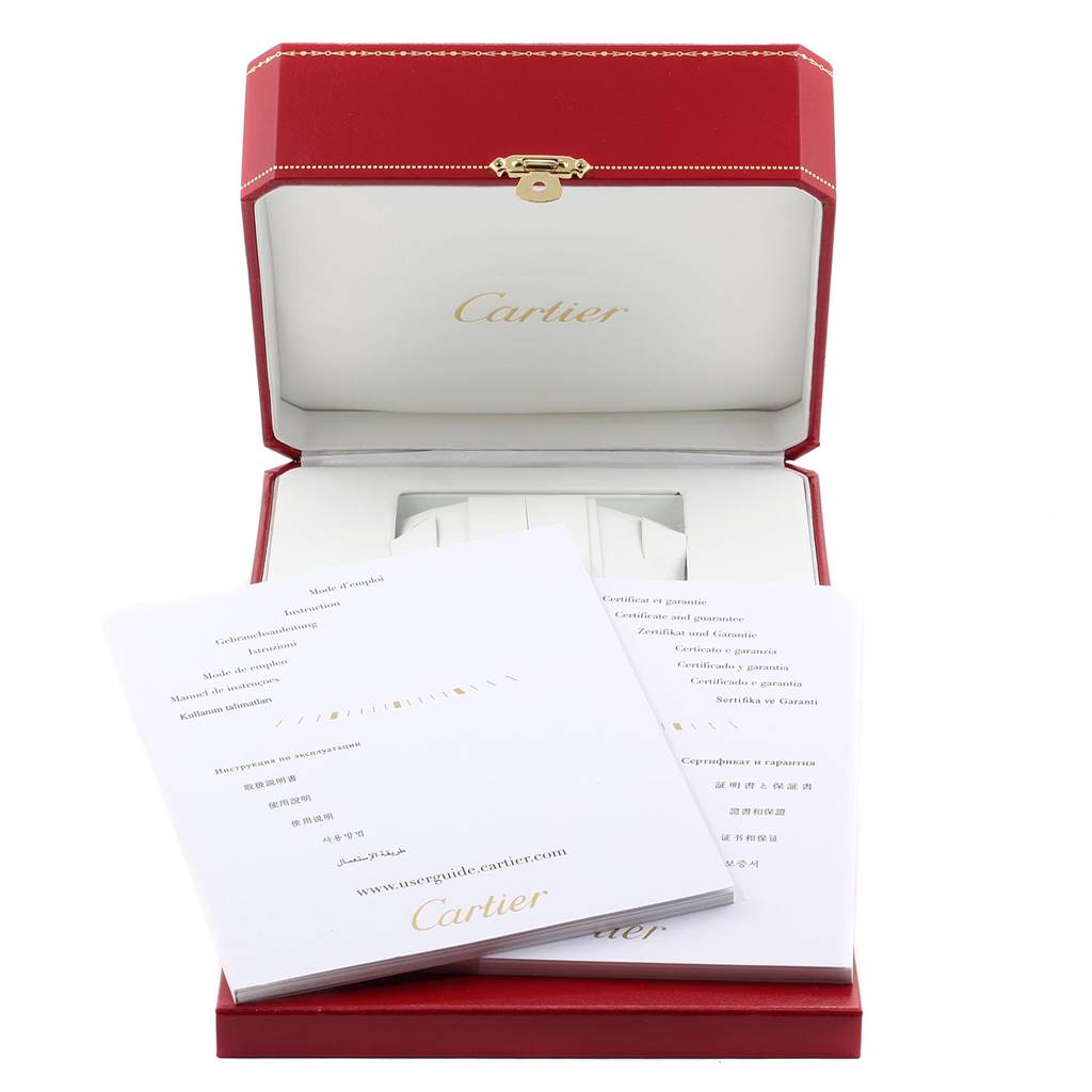 The image shows the packaging and booklets for the Cartier Ronde W6700255 Men's Stainless Steel Silver Dial W6700255 Men's Stainless Steel Silver Dial watch, including a red box and instruction manuals.