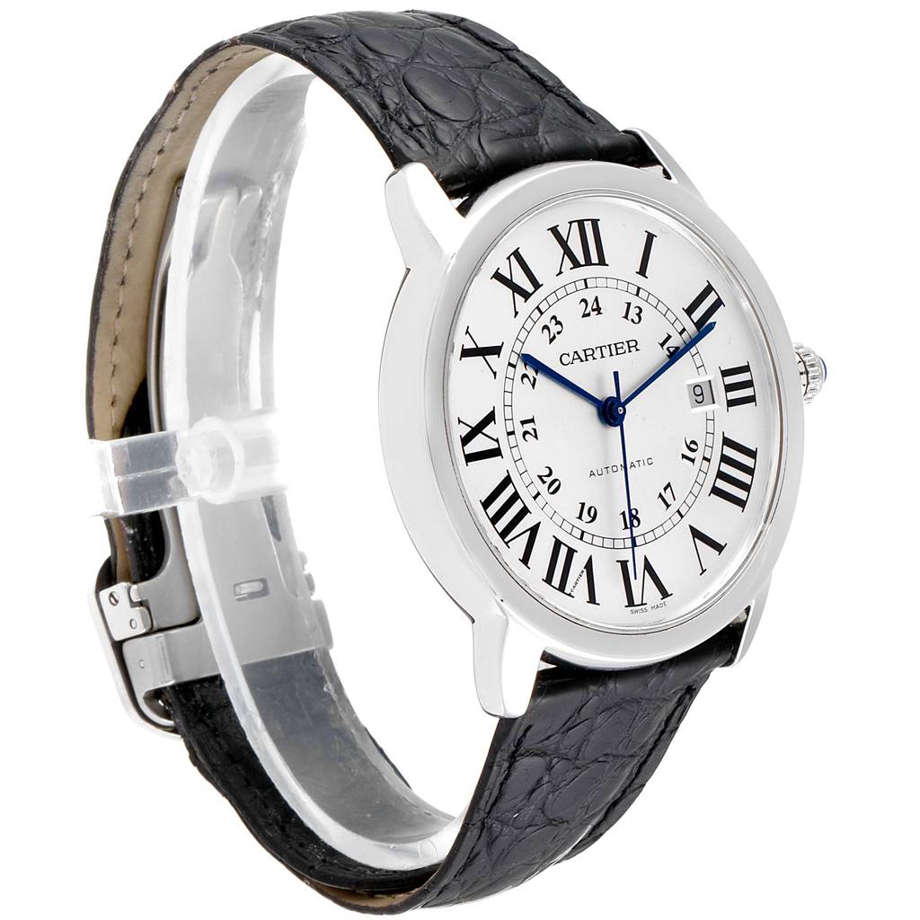 The image shows a side view of the Cartier Ronde W6701010 Men
s Stainless Steel Silver Dial W6701010 Men
s Stainless Steel Silver Dial watch, highlighting its face, strap, and clasp.