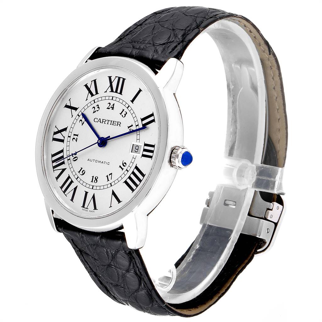 The image shows a side angle of the Cartier Ronde W6701010 Men
s Stainless Steel Silver Dial W6701010 Men
s Stainless Steel Silver Dial watch, displaying its black leather strap, white dial with Roman numerals, and blue hands.