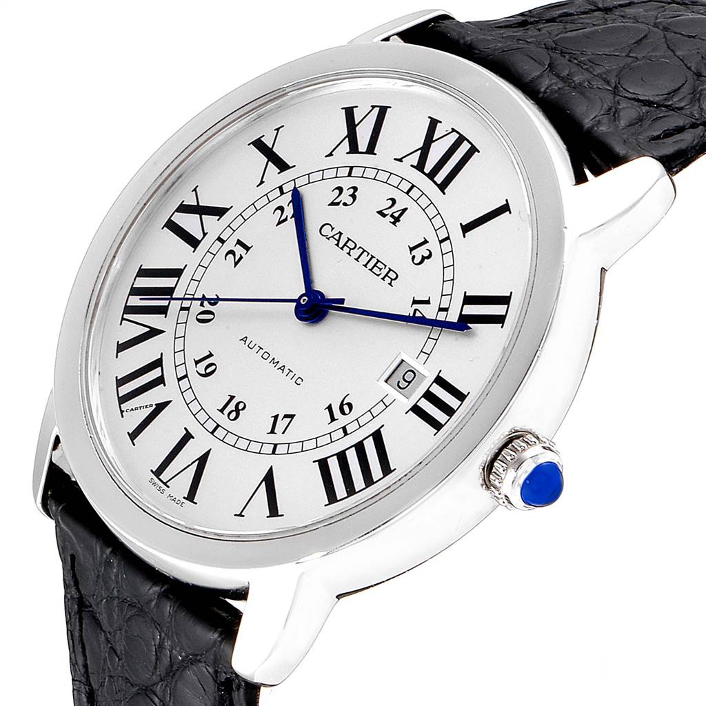 This is a Cartier Ronde W6701010 Men
s Stainless Steel Silver Dial W6701010 Men
s Stainless Steel Silver Dial watch shown from an angled front view highlighting its dial, crown, and strap.