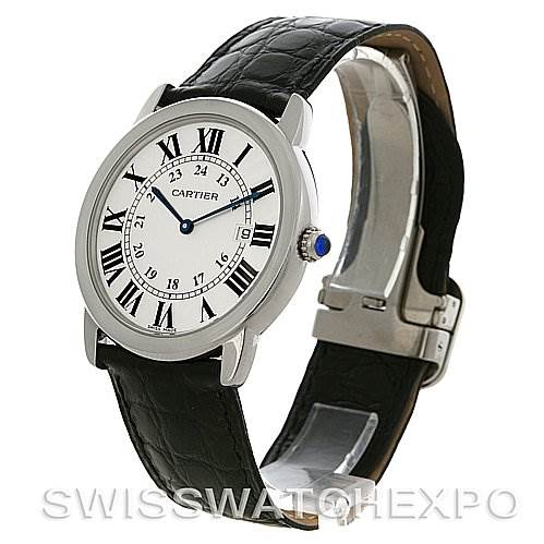 This image displays a Cartier Ronde W6700255 Men's Stainless Steel Silver Dial W6700255 Men's Stainless Steel Silver Dial watch at an angle highlighting its face, roman numerals, and leather strap with deployment clasp.